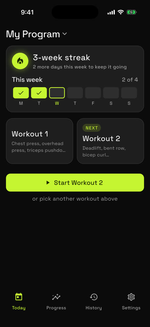 Taut's Today screen: a 3-week streak and today's workout ready to start