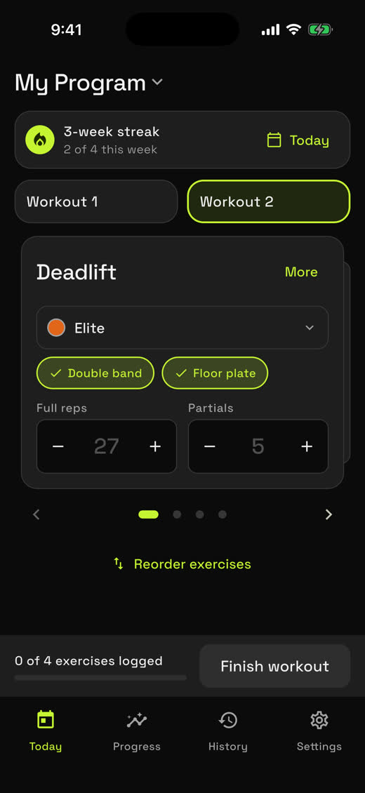 A deadlift card with the Elite band selected